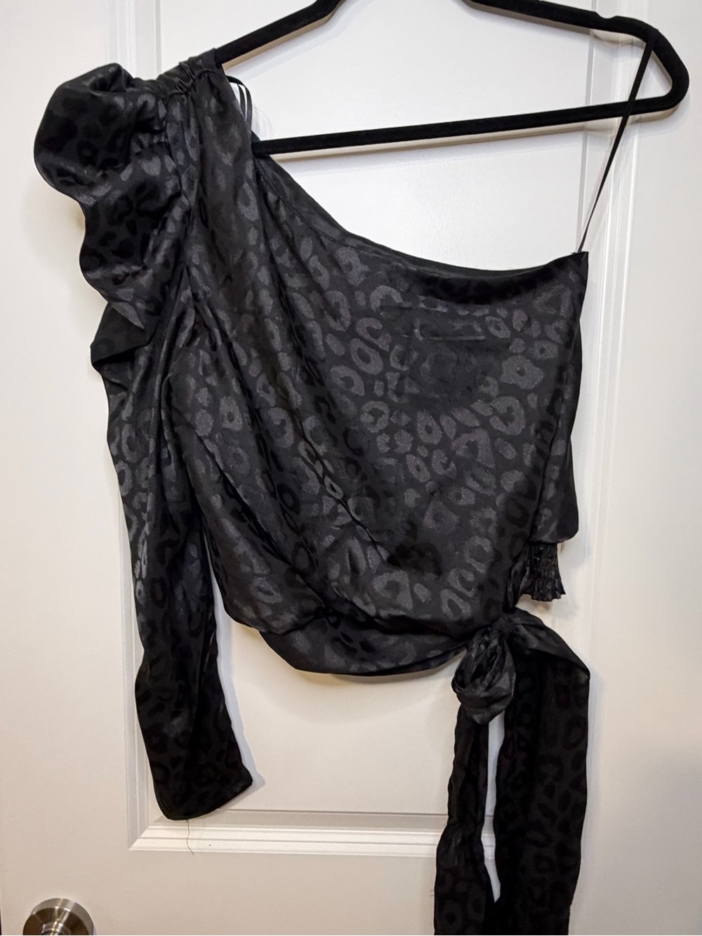 DO+BE Black One Shoulder Satin Leopard Jacquard Wrap Top Dressy Sparkles